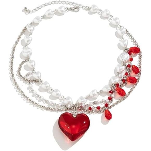 Layered Chunky Puffy Heart Choker Necklace Cute Y2k Necklace Red Crystal Heart - Picture 7 of 7